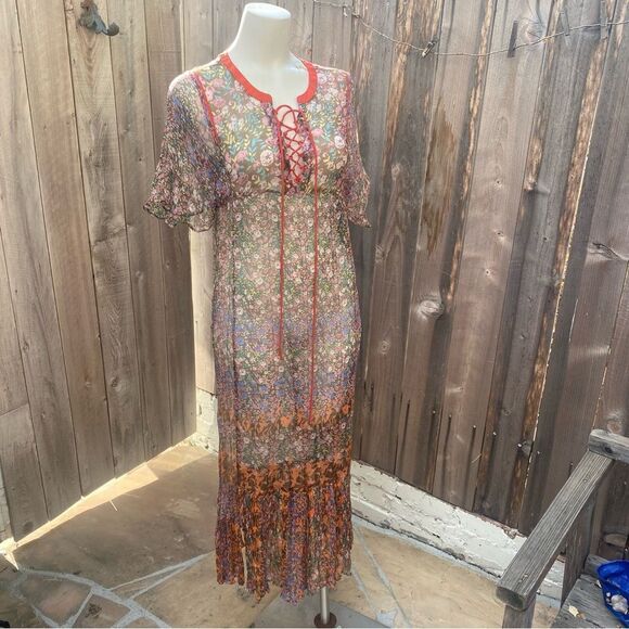 SUNDANCE Shadded Grove Floral Sheer Maxi Slip Dress Lace-up Neck Size M - Picture 5 of 12